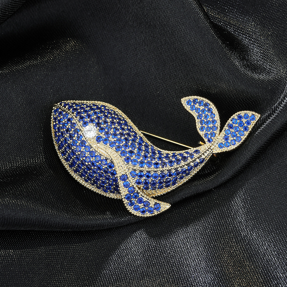 Picture of Korean-Style Copper Inlaid Diamond Fashion Elegant Blue Whale Brooch Temperament Animal Pin Collar Pin Sweater Suit Lapel Pin