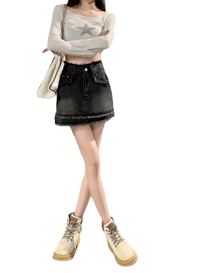 Picture of Black High Waist Denim Skirt Skirt Women's Summer Slim A- line Pants Skirt Small Skirt Hip Skirt