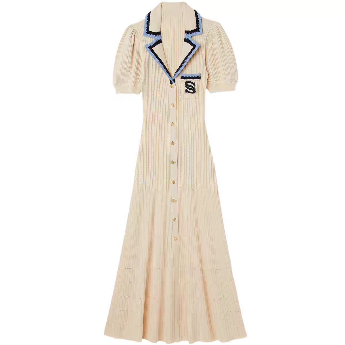 Independent Station Export Women's Tight Lapel Short-Sleeved Long Skirt Summer Embroidered Large Hem Skirt Metal Buckle Knitted Dress