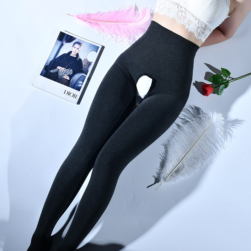 Picture of Qing He Autumn and Winter Cotton Leggings Women's Sexy Open Crotch Pantyhose Fish Bone Waist High Waist Thickened Warm