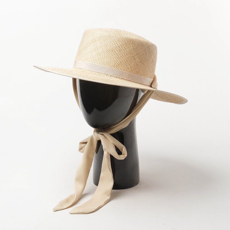 Picture of Korean Style Spring and Summer New Flat Top Straw Hat with Strap Baocao Outdoor Travel Sun Protection Beach Flat Top Straw Hat