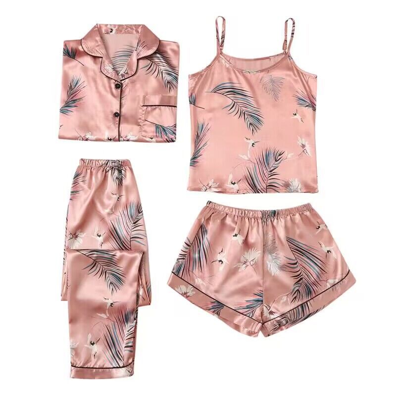 European and American cross-border foreign trade Women's printed home wear suit fashion pajamas thin four-piece suit Four Seasons Universal