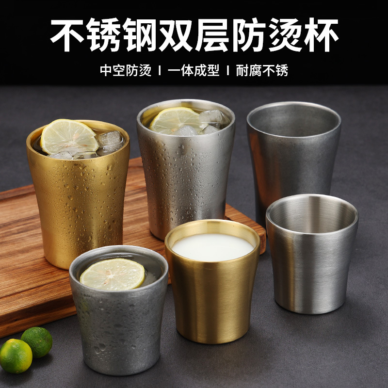 Picture of Korean 304 stainless steel double-layer water cup barbecue restaurant golden beer cup household anti-scald heat insulation cup small waist