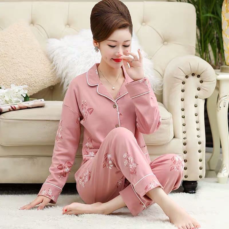 Picture of 100% Pure Cotton Pajamas Women's Long Sleeve Women's Spring and Autumn Cardigan Lapel Pajamas Outwear Winter Home Suit