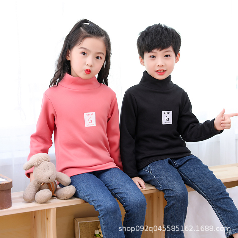 Picture of 2025 Kidsren's Bottoming Shirt Half Turtleneck Fleece-Lined Stripesd Long-Sleeved Warm Top for Boys and Girls Trbottomy Korean Style Autumn and Winter Kidsren's Clothing