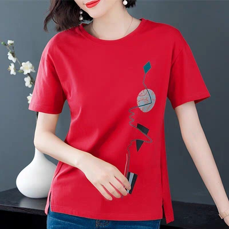 Picture of Short-sleeved T-shirt Women's 2025 New Women's Summer Korean-style Loose plus size chubby girl Artistic Printed T-shirt Trendy Top