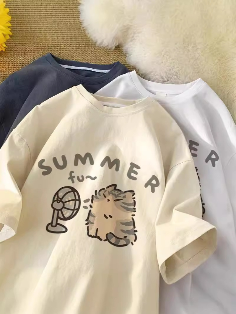 Design Sense Niche ShorT Sleeve T-shirT Women KiTTen PrinT Hong Kong STyle Summer Half Sleeve Couple Loose All-maTch Wholesale