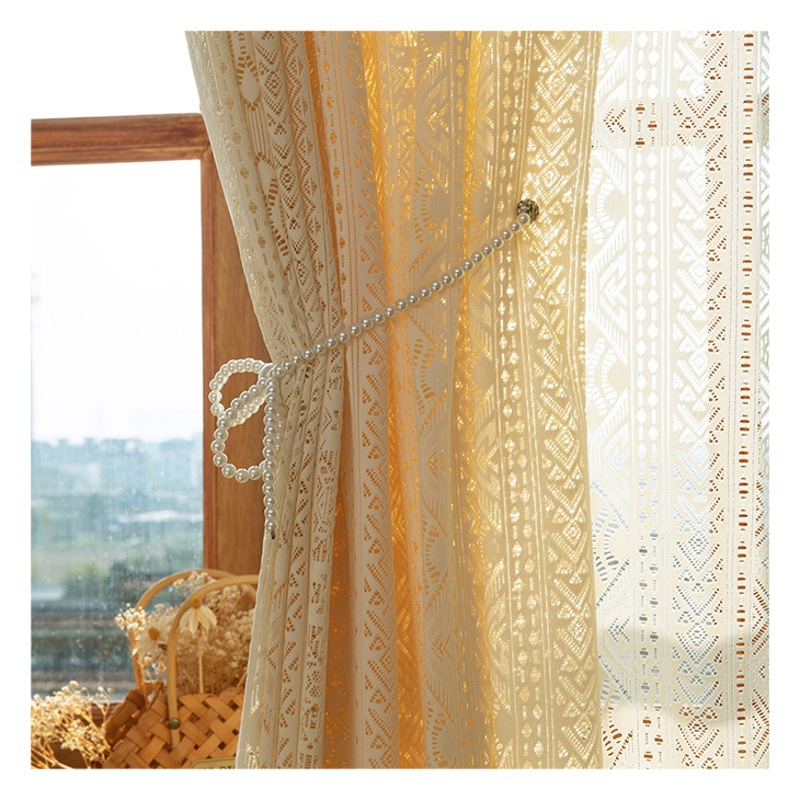 Cross-border bohemian style hollow woven gauze curtain warm beige living room translucent light curtain foreign trade