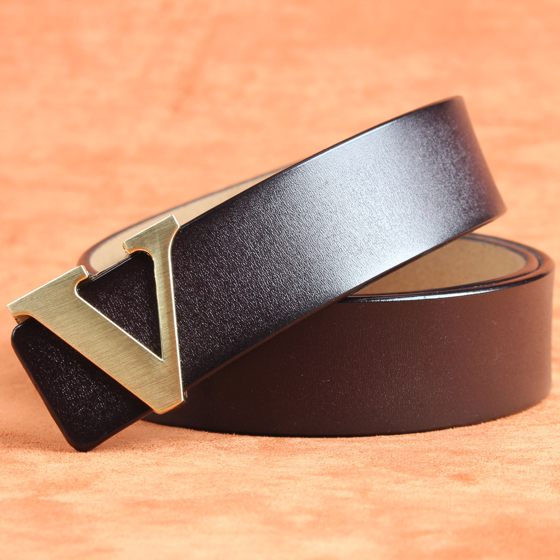 Picture of Smooth Buckle Belt Men's plus size Genuine Leather Youth HV Letter Pure Cowhide Internet Celebrant Hair Stylist Belt