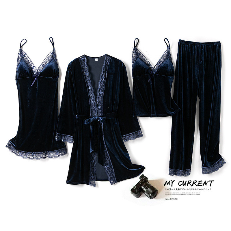 Picture of Gold Velvet pajamas women's autumn and winter four-piece sexy strap nightdress nightgown with chest pad home wear suit can be worn outside