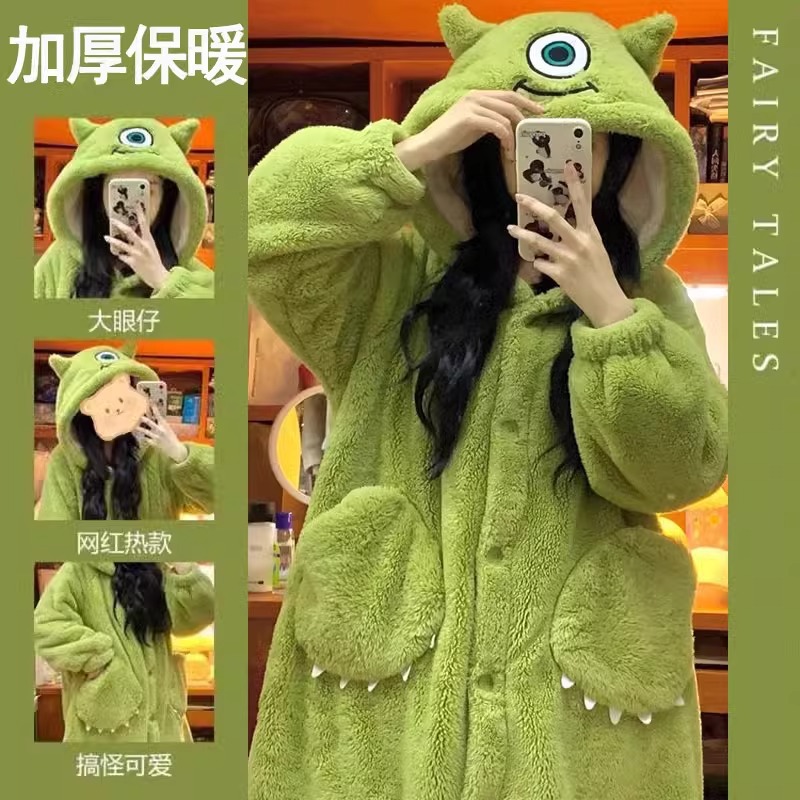 Special Offer!! Cute Cartoon Nightgown Big-Eyed Boy Coral Velvet Pajamas for Women 2025 New Winter Thickeneded Nightgown