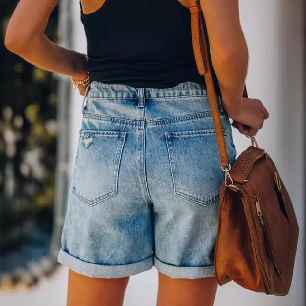 Picture of 2025 Summer Ebay Amazon Wish Street Curled Ripped Straight Pants Women's Denim Shorts Export Trendy Brand