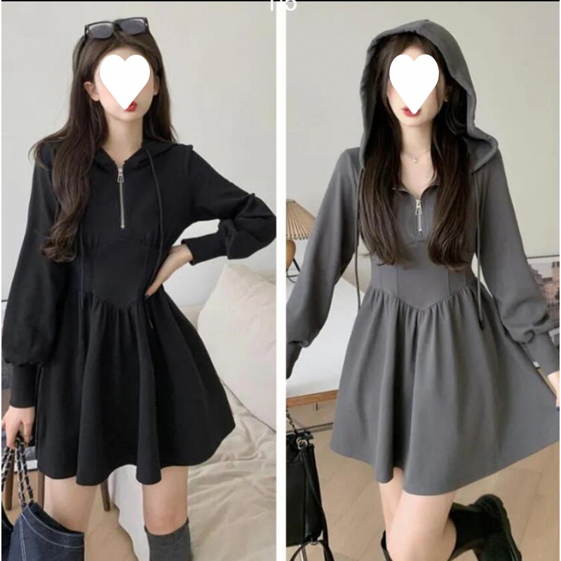 plus size Black Hooded Casual Sweat dress Women's Autumn and Winter chubby girl High-end Tight Waist Slimming A- line Short Skirt