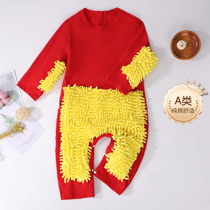 Picture of Summer thin short-sleeved conjoined baby mop man climbing suit baby jumpsuit climbing suit cleaning floor anti-dirty even