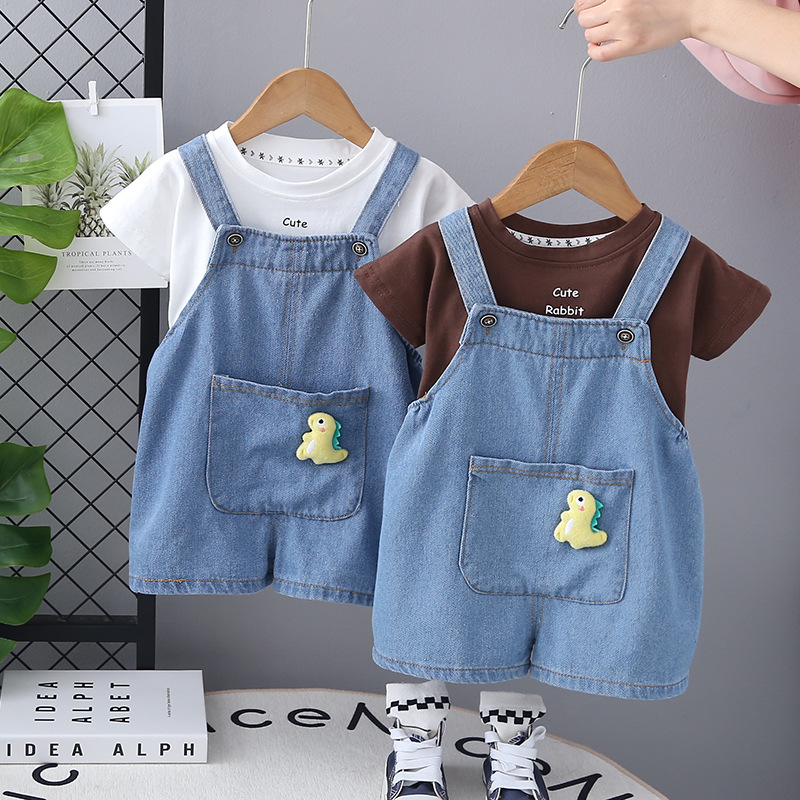 Boys' Western-style Summer 2025 Summer New Korean-style Children's Short-sleeved Denim Strap Handsome Summer Two-piece Fashionable Set