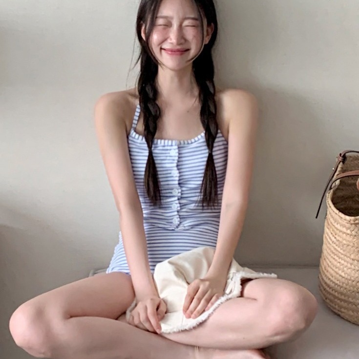 Source Factory Striped Tight High Waist Slimming Sling Gathering Small Fresh Button Conservative Girl's Split Swimsuit