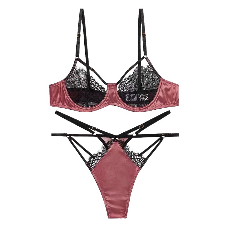 Cross-border AliExpress sexy underwear women's thin lace big chest small bra suit with steel ring gathered half Cup
