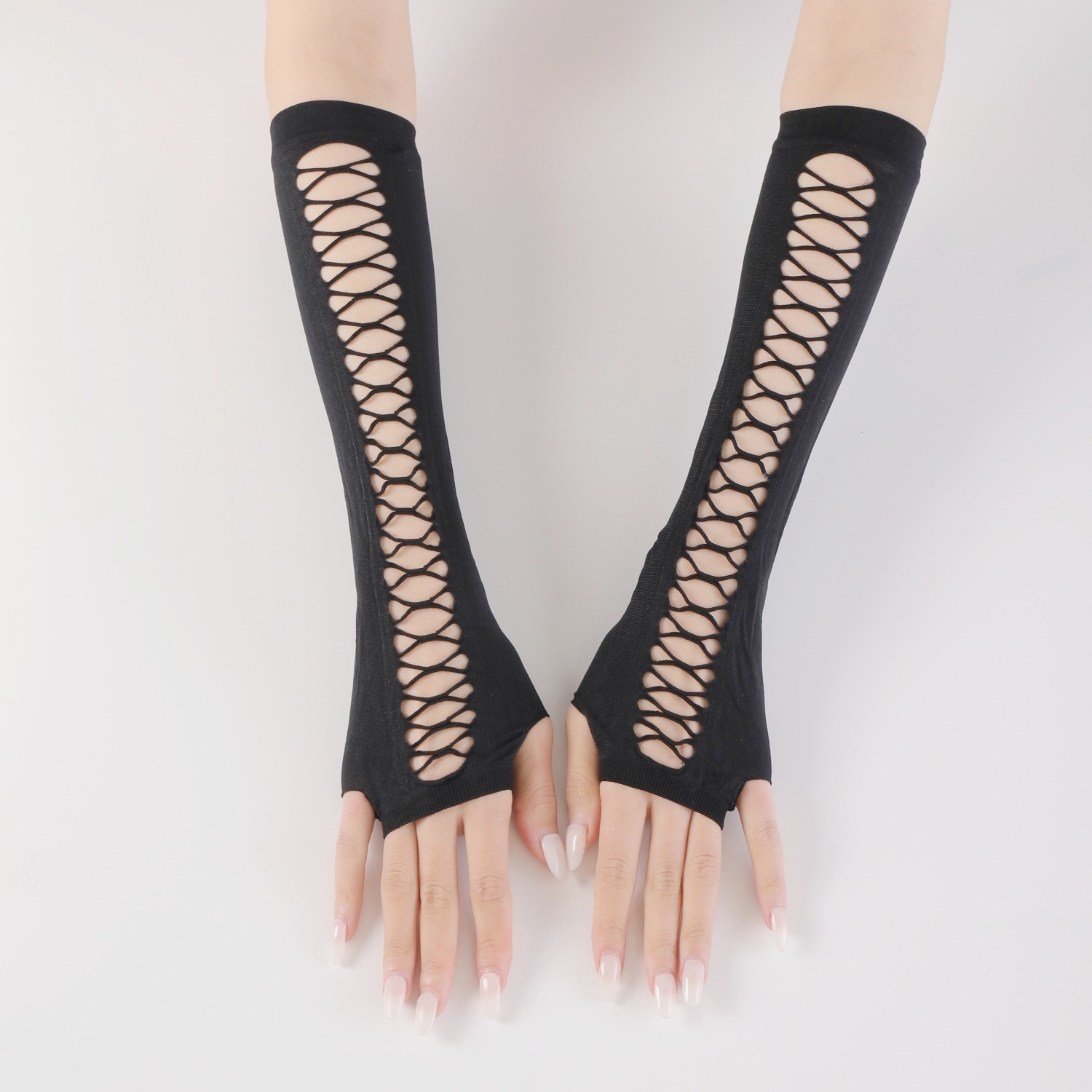 Cos Trendy Arm Cover Cross Hollow Long Gloves Hollow Cross Open Finger Elastic Gloves European and American Vintage Gloves