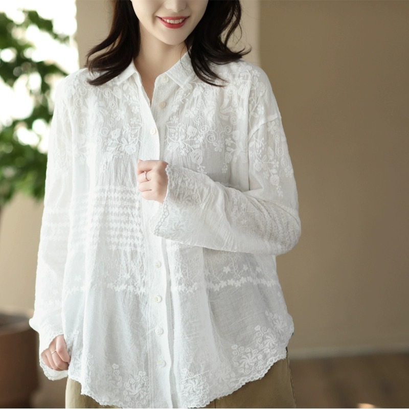 Spring and Autumn new artistic fresh loose cotton lace embroidered single-breasted Shirt women's casual irregular top