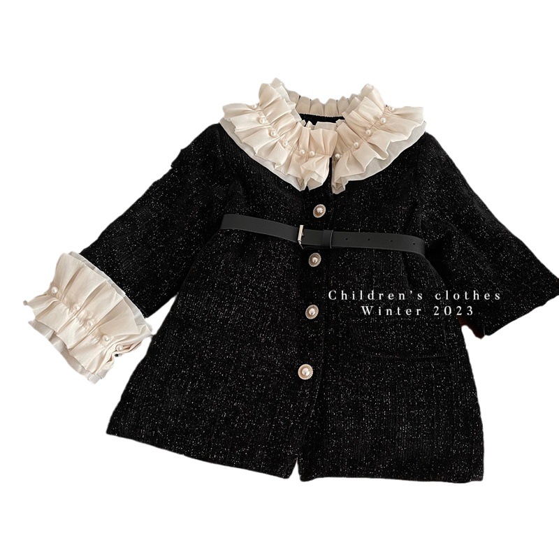Girls' Cotton Outwear 2025 Winter New Style Baby Girl Retro Lace Black Swan Winter Quilted Thickeneded Cotton Outwear