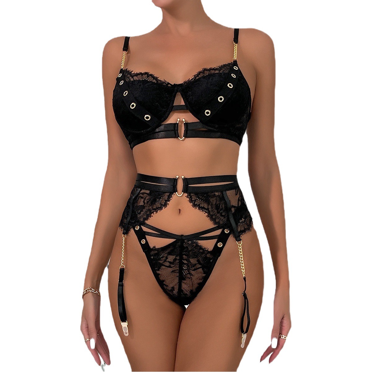 Oreena European and American Foreign Trade Cross-border AliExpress Hot Sexy Underwear Sexy Chain Metal Three-piece in stock