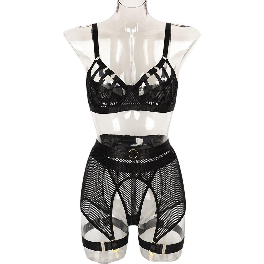 European and American Sexy Four-Piece Set 2022 New Cross-Border Export Heavy Craft Intertwined Bra Soft Mesh Sexy Intimates 3063