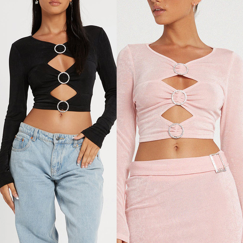 Long-sleeved crew neck T-shirt spring and summer women's solid color fashion stitching sexy imitation diamond ring hollow umbilical women's top