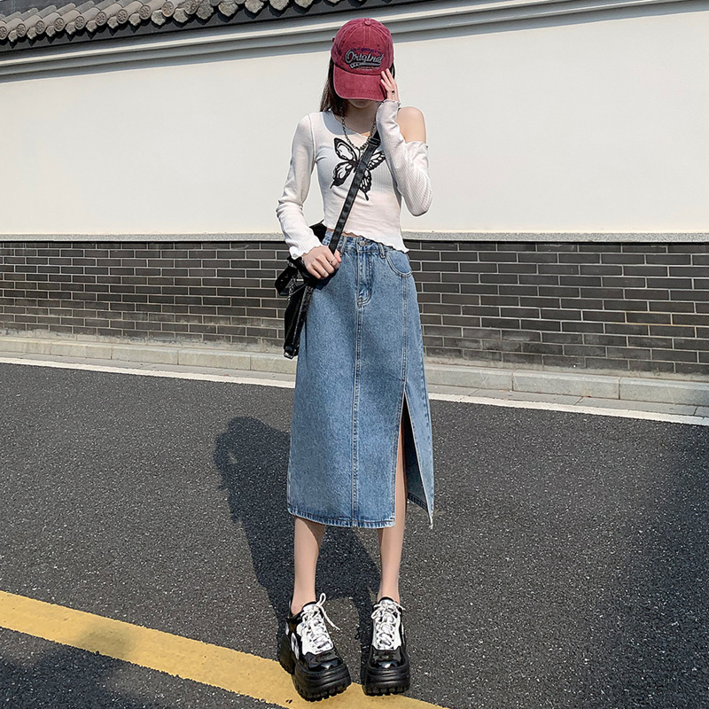 Split Denim Skirt Women's Spring and Autumn 2023 New Arrival a-Shaped Mid-Length Light Color High Waist Skirt for Summer