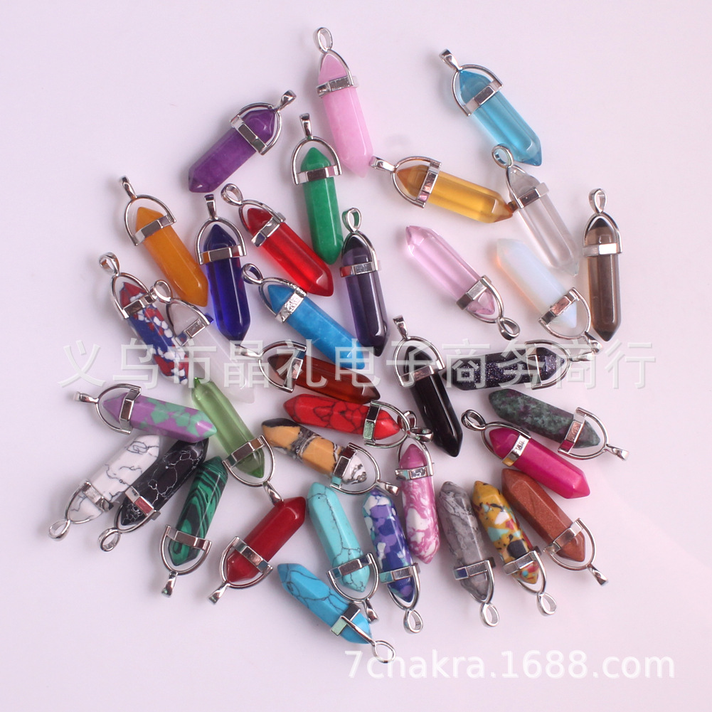 Picture of Natural Stone Hexagonal Pendant European and American Natural Crystal Hexagonal Prism Bullet Hexahedral Black Wax Rope Necklace