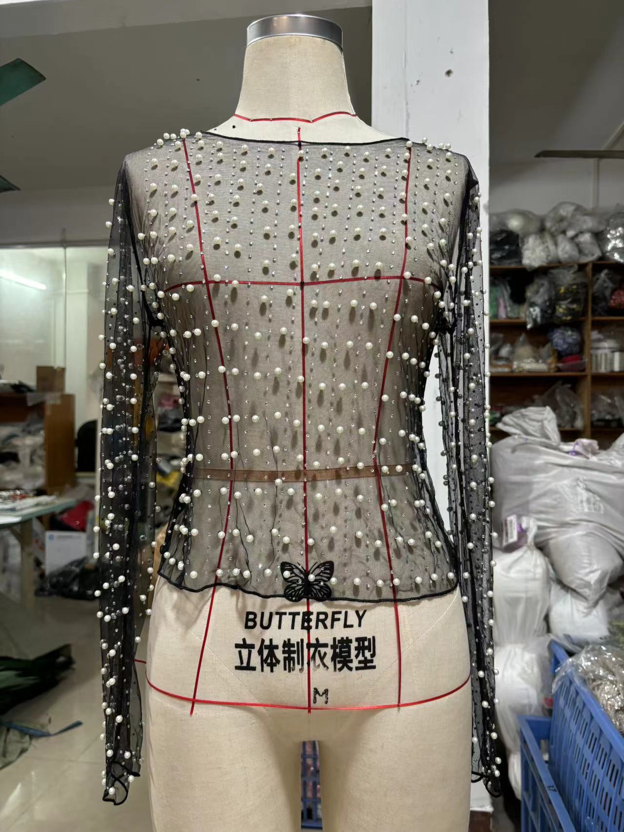 Picture of 2023 AliExpress Amazon spring and summer new hot rhinestone Pearl top elastic round neck mesh slimming heavy work transparent