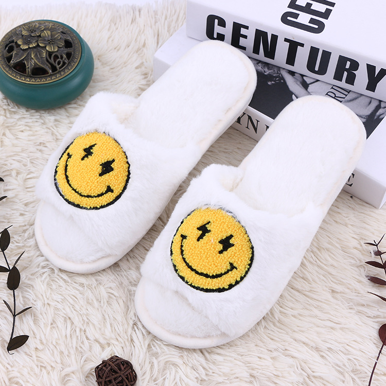 New Autumn and Winter Thickened Yellow Smiley White Home Open Toe Cotton Slippers Plush Anti-Slip Bottom Simple Floor Cotton Slippers