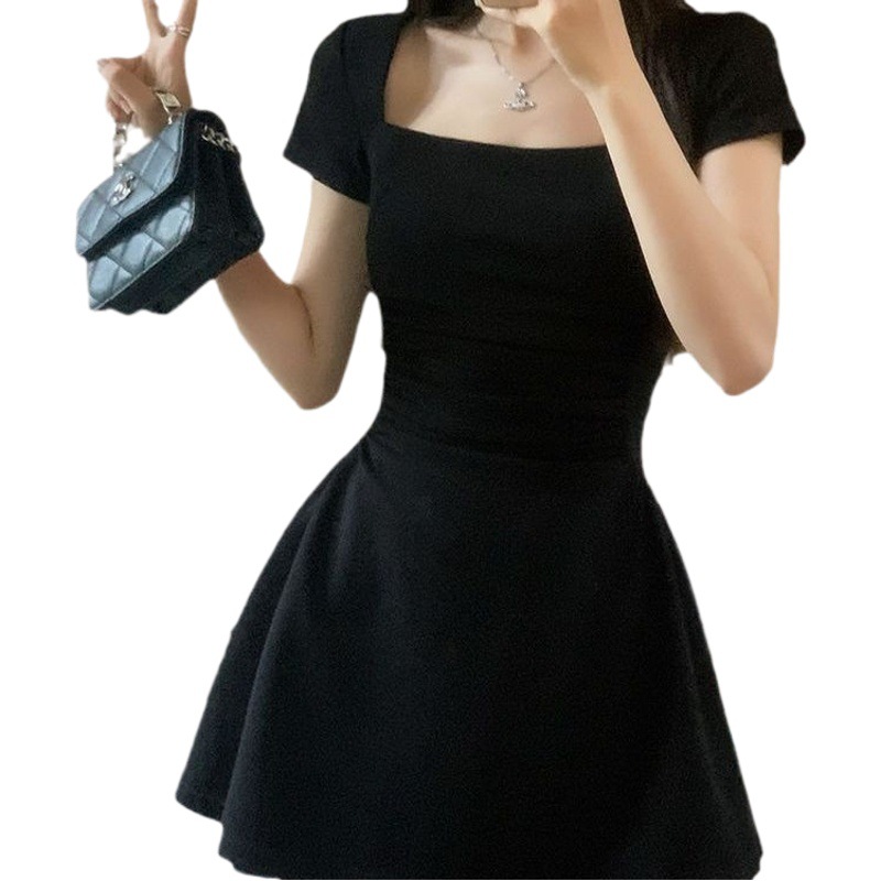 French style white square collar dress women's 2023 new summer small waist slimming sweet spicy A- line dress
