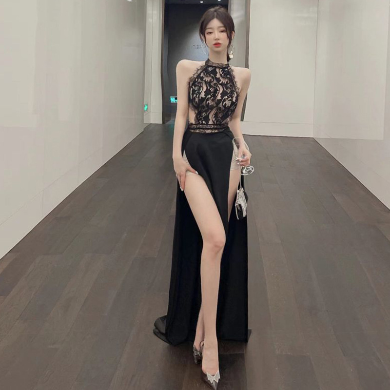 28990 European, American, Southeast Asia Export Wholesale 2025 Sexy Large Backless See-Through Lace High Slit Dress Trendy