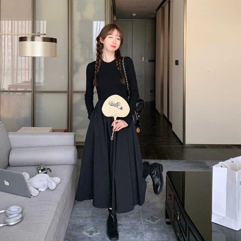Design Stitching Hollow-out Long-sleeved dress Women's 2023 Spring and Autumn French Elegant Hepburn A- line Dress
