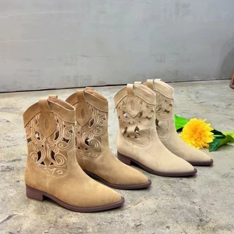 Other Shore Fanhua New Western Cowboy Boots Embroidered Hollow Women's Thick Heel V-Mouth Knight Boots Women's Ethnic Style Retro Short