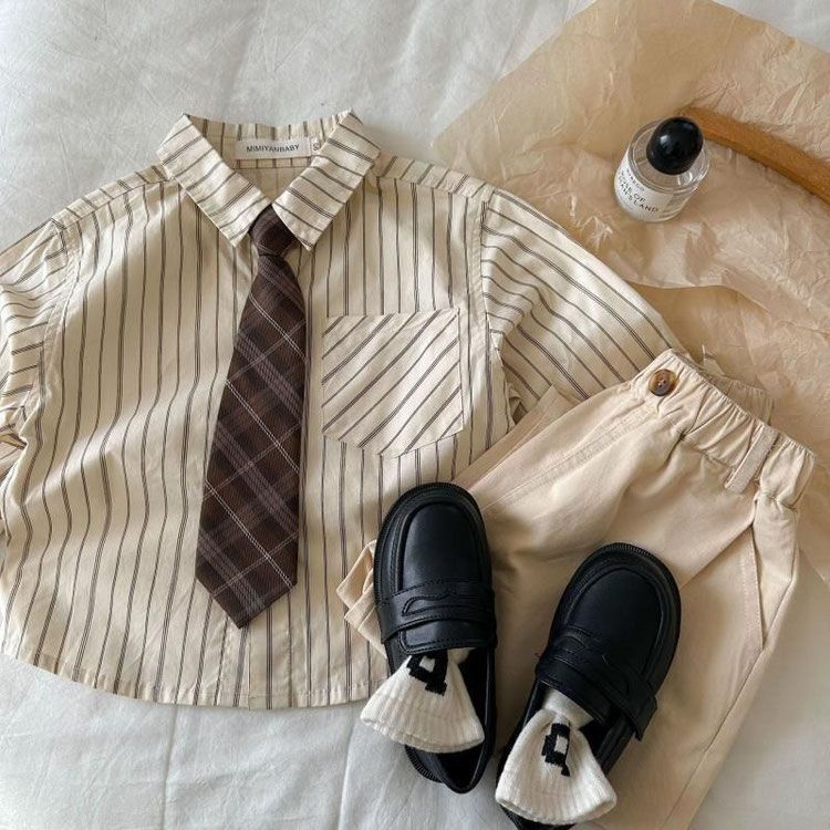 Picture of Children's Long Sleeve Shirt Academy Style 2024 Spring Korean Style Fashion Striped Western Style Casual Tie Shirt for Boys and Girls