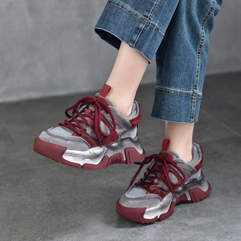 Popular Recommendation for Small People, Thick-Soled Genuine Leather Dad Shoes, Women's Sports and Leisure Shoes, Color Matching 2025 Autum New Style
