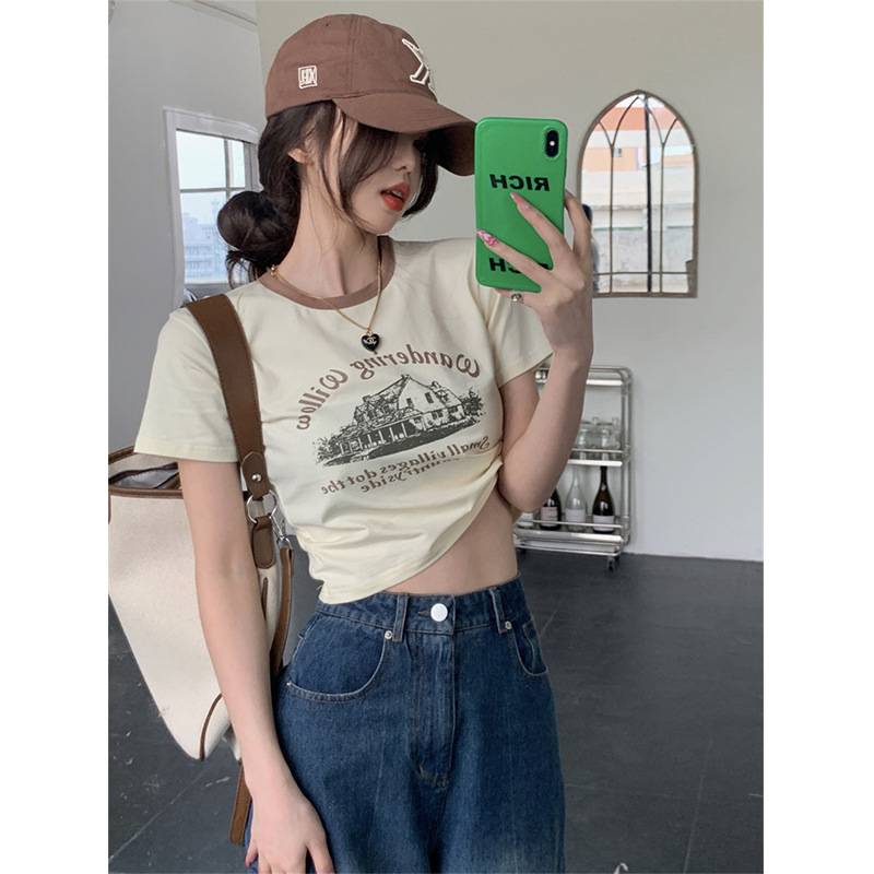 6535 Cotton American Style Retro Printed Short-sleeved T-shirt Women's Contrast Crewneck Base Shirt Summer Hot Girls Short Top ins