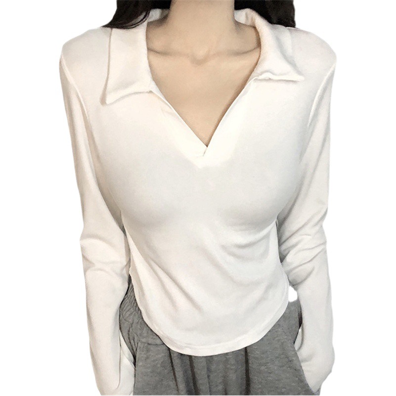 Pure Desire White Polo Collar Base Shirt Long Sleeve T-Shirt Women's Hot Girl Early Autumn Top 2023 Autumn Student Top