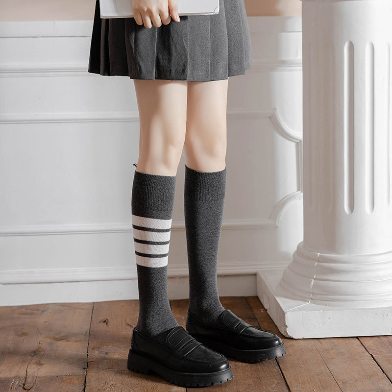 College Style Asymmetric Striped Calf Socks Summer Thin Gray Four-Stripe Knee-High Socks Breathable