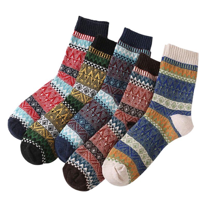 Autumn and Winter Warm Socks for Men, Cross-Border Trade Corrugated Rabbit Wool Socks, Vintage Ethnic Style Floral Mid-Calf Socks, Cold-Resistant