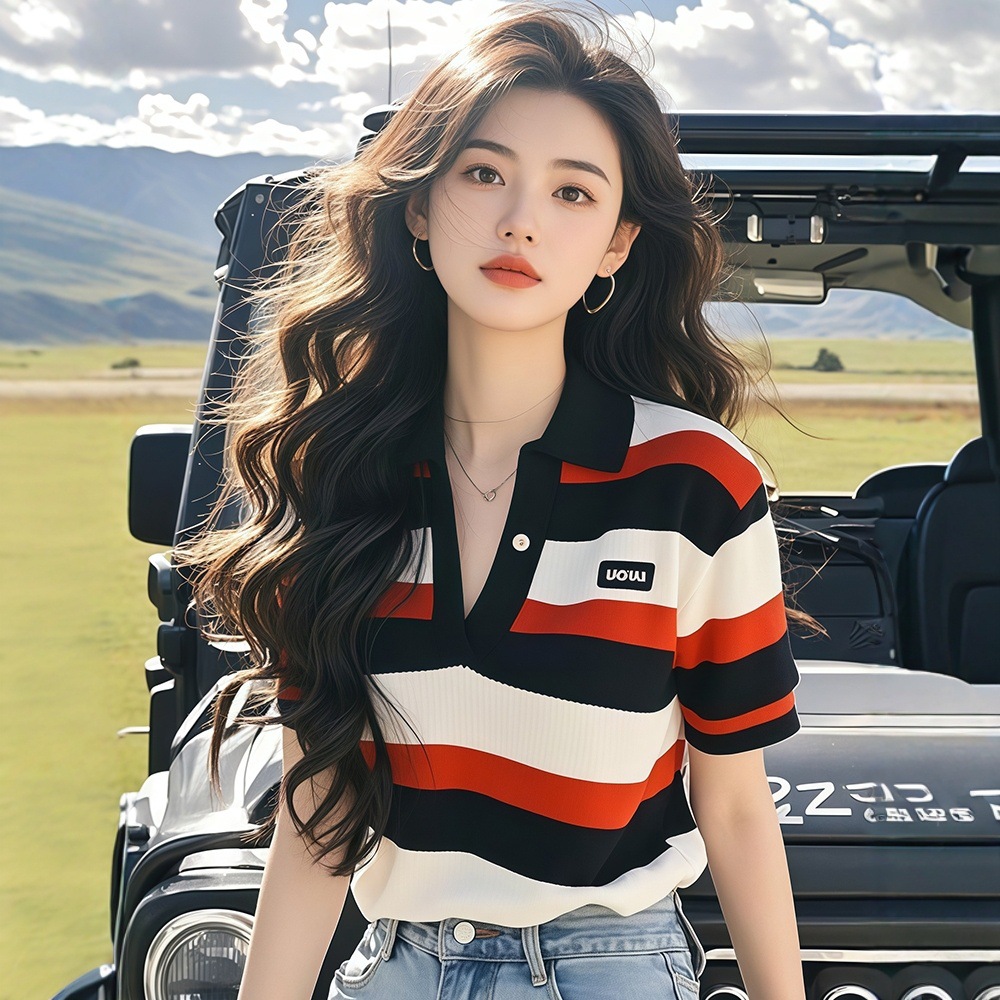 Striped Ice Silk Short-sleeved T-shirt Women's 2025 New Summer Explosions Polo Collar Knit Sweater Super Beautiful Unique Top