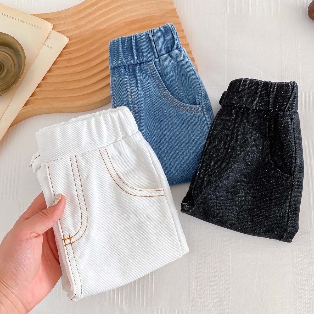 Picture of Ins Kidsren's Spring & Fall New Jeans for Boys and Girls 0-6 Years Old, Stylish Pure Color Pants, Simple Casual Pants, Soft
