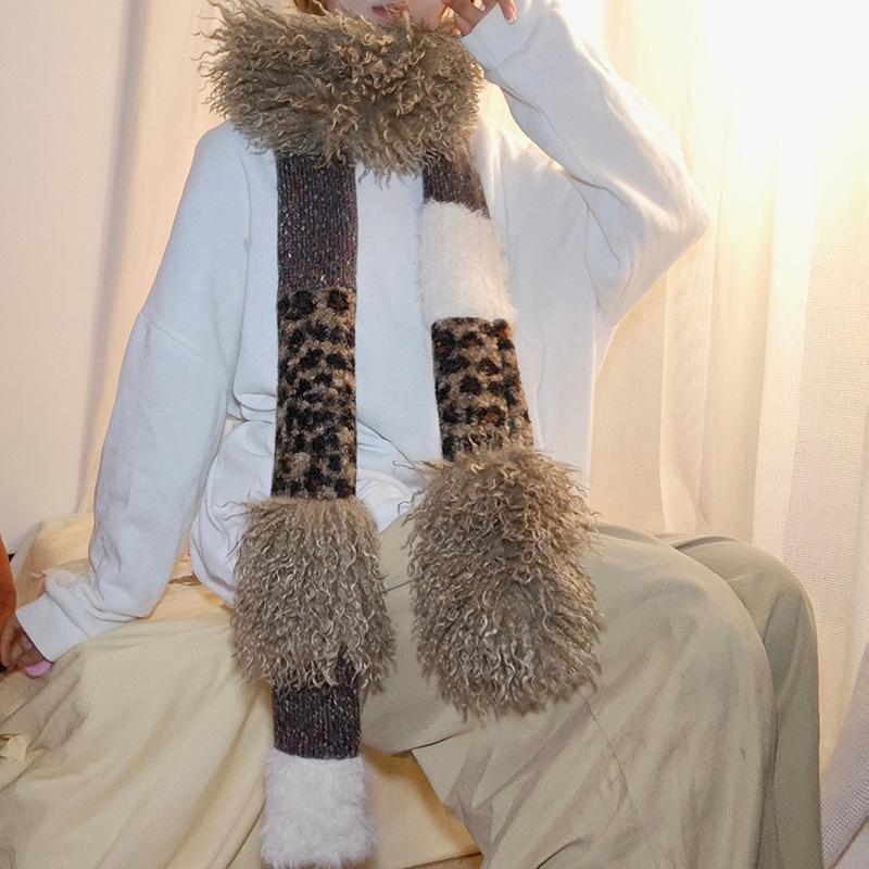 Plush Leopard Print Stitching Small Scarf European and American Style Niche Design Long Narrow Version New Fashion Decorative Small Scarf