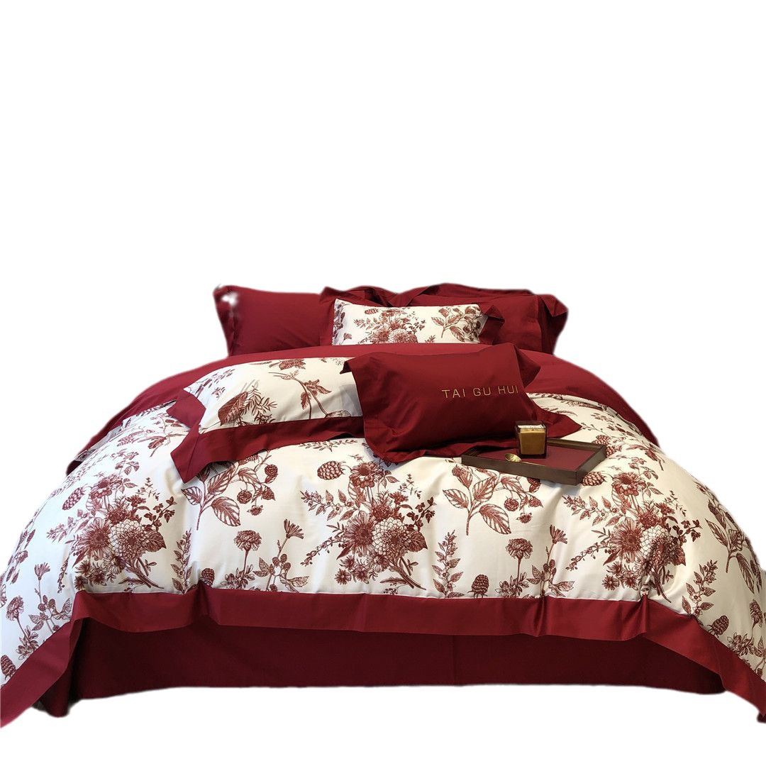 Picture of French flower wedding red cotton long-staple cotton four-piece set high-end dowry housewarming festive bedding home textile