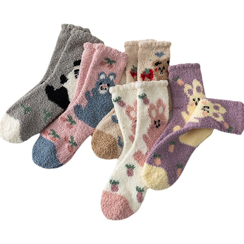 Autumn and Winter New Cartoon Coral Fleece Socks Women's Thickened Rabbit Half Velvet Socks Adult Home Floor Moon Socks