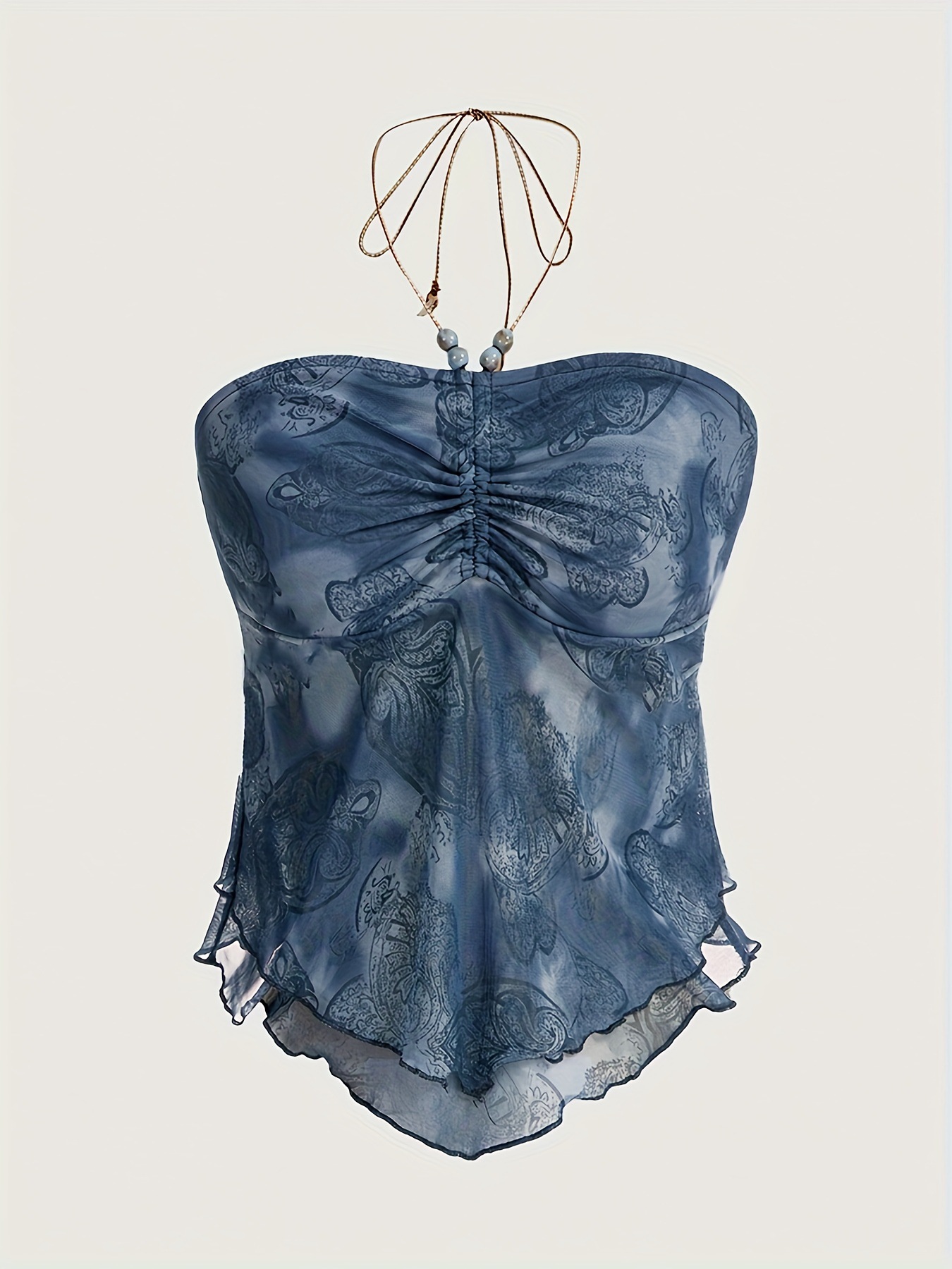 European and American INS Mermaid Tie-dye Pleated Suspender Belt Asymmetrical Hem Lace-up Beaded Halter Tube Top for Women