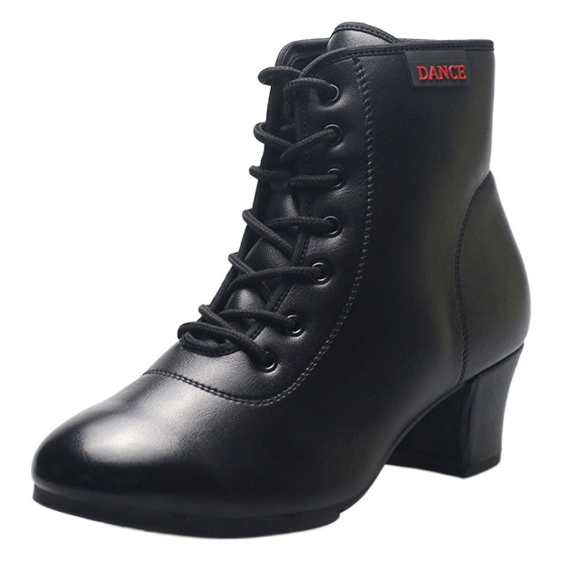 New Square Dance Shoes Women's Mid-high Heel High-top Middle-aged and Elderly Soft Bottom Embossed Leather Sailor Dance Shoes Autumn and Winter