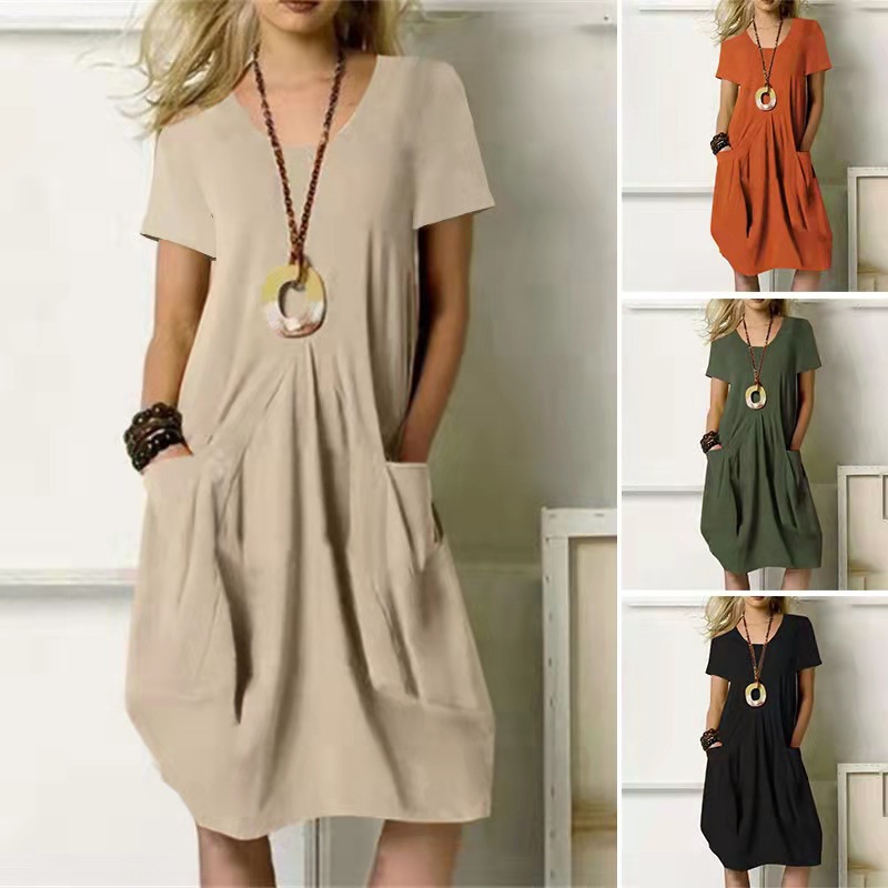 2023 cross-border summer New Amazon wish hot cotton and linen solid color loose round neck short sleeve vest dress