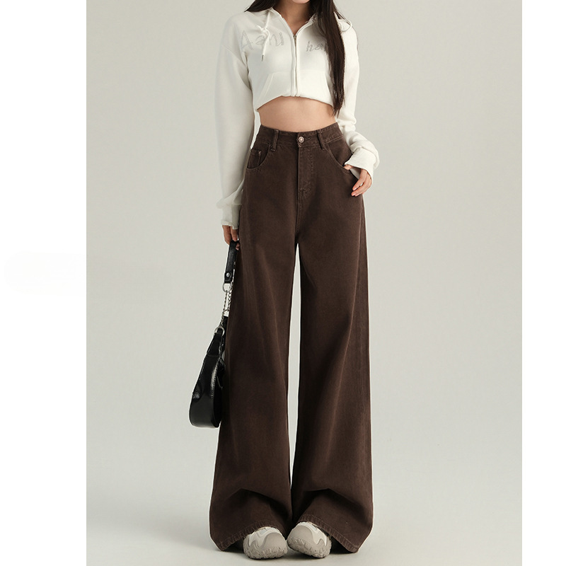 Drapey Brown Wide-Leg Jeans for Women 2025 Spring & Fall New High-Waisted Loose Tall Straight Pants